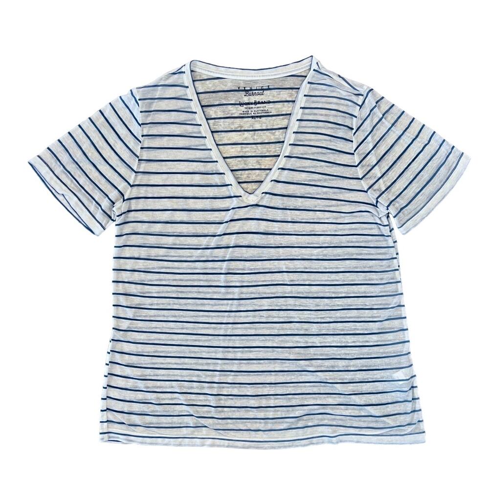 Lucky Brand Women's White & Blue Stripe Venice Burnout V-Neck Tee - SIZE XL